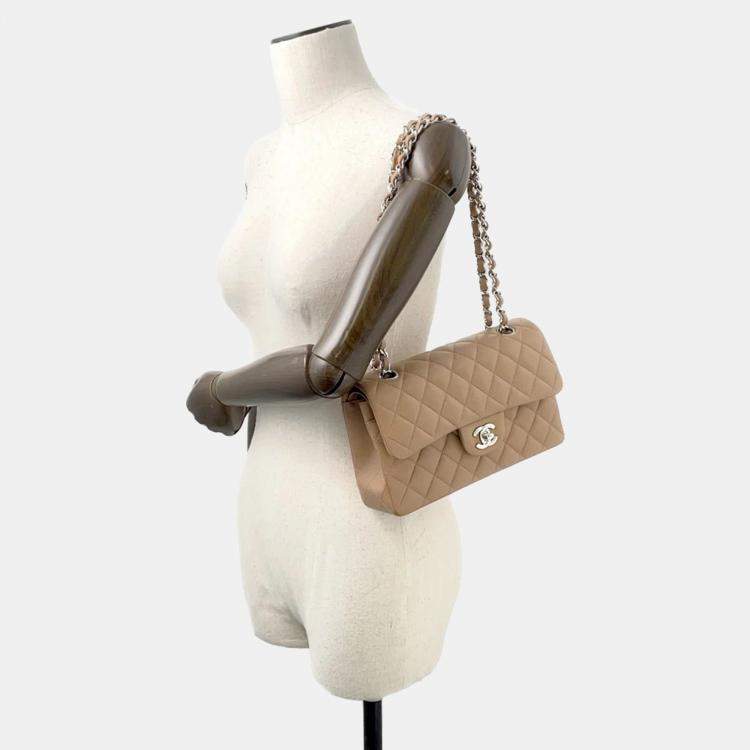 Pre Owned Chanel Matelasse W Flap Chain shoulder Bag Beige Lambskin Size 23
