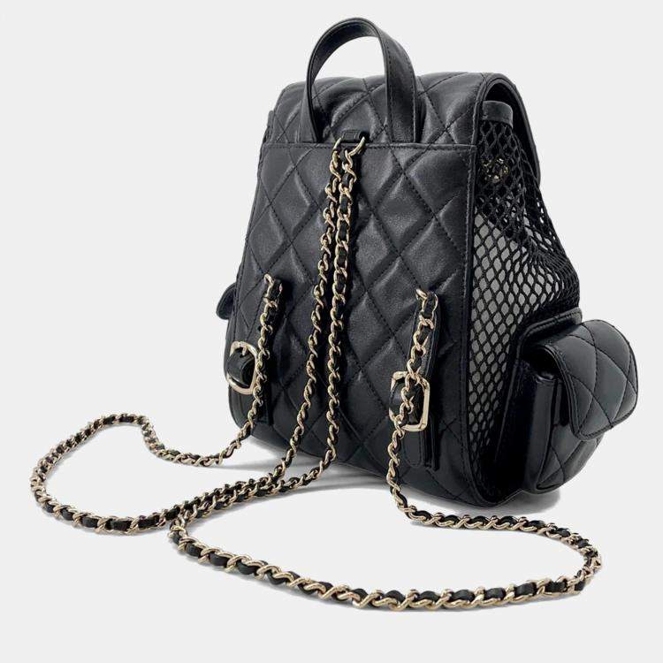 Pre Owned Chanel Backpack Black Mesh Shiny Lambskin