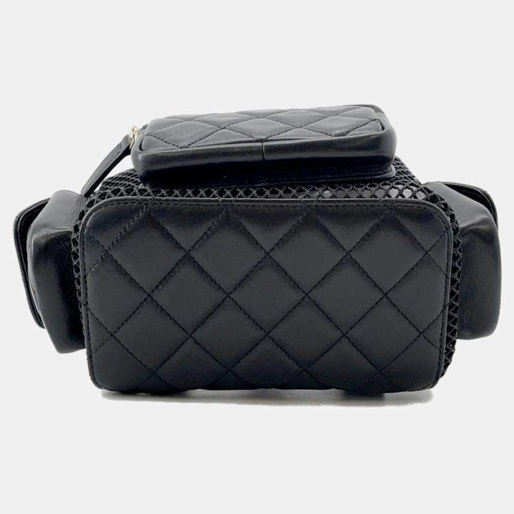Pre Owned Chanel Backpack Black Mesh Shiny Lambskin