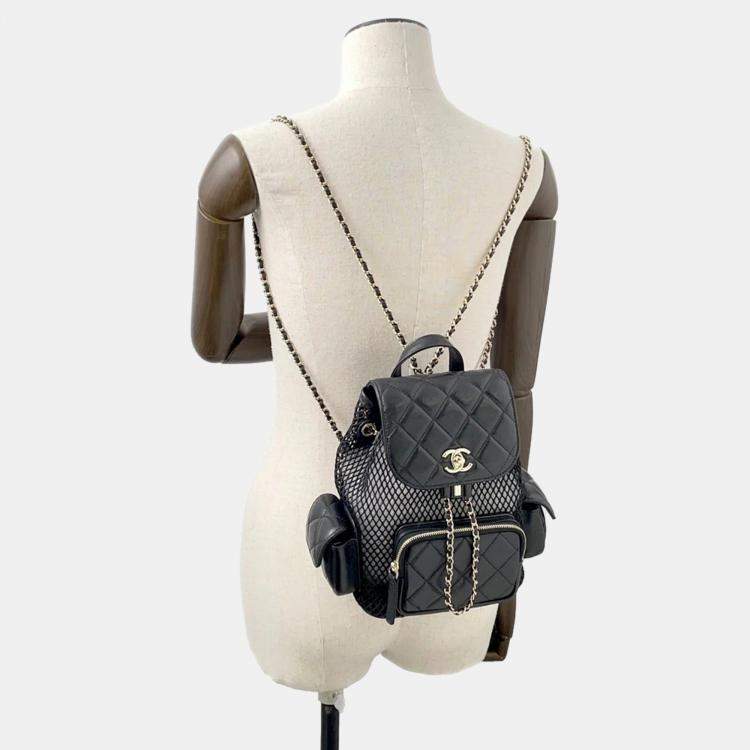 Pre Owned Chanel Backpack Black Mesh Shiny Lambskin
