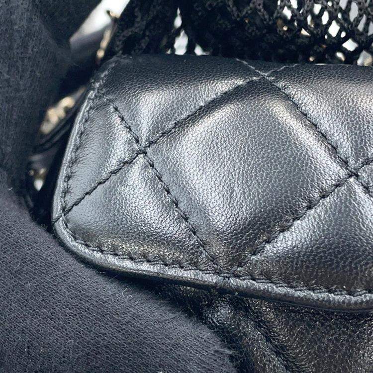 Pre Owned Chanel Backpack Black Mesh Shiny Lambskin