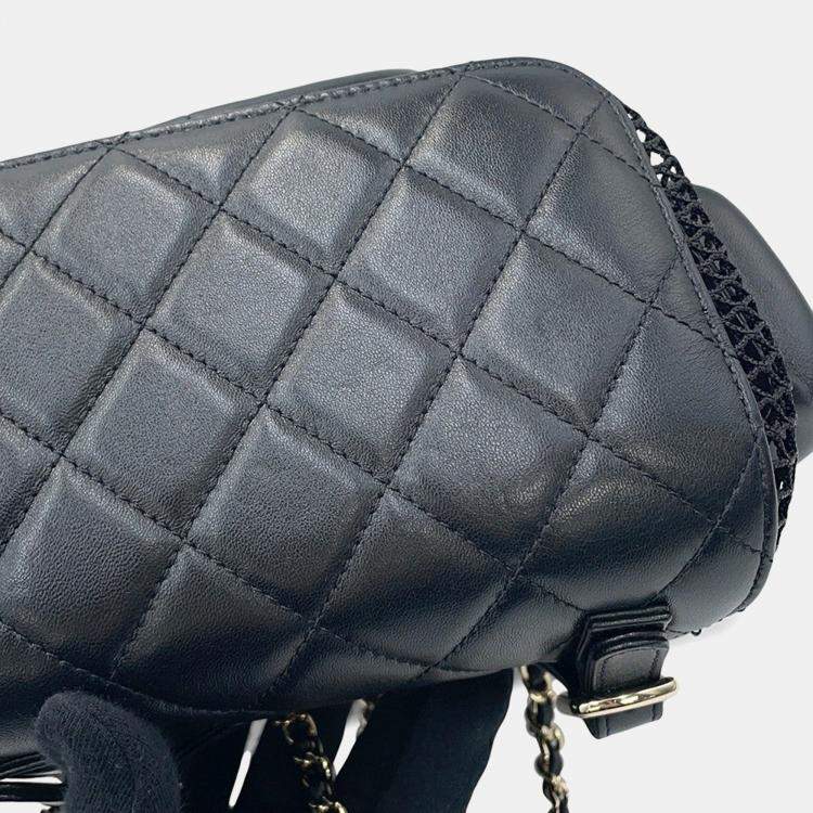 Pre Owned Chanel Backpack Black Mesh Shiny Lambskin