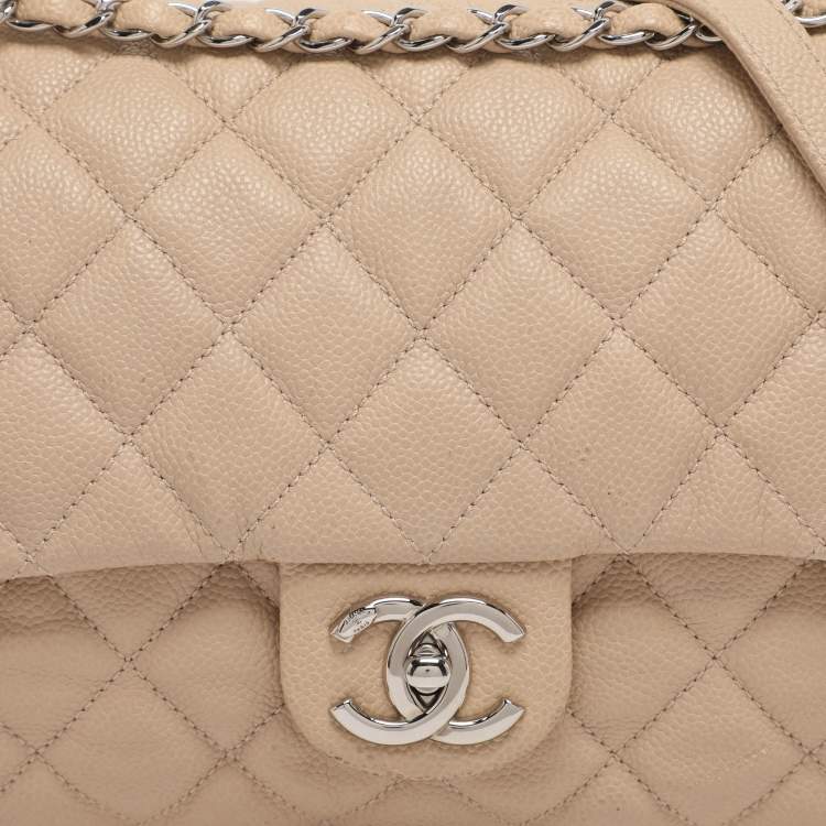 Pre Owned Chanel Beige Quilted Caviar Leather Large Easy Flap Bag