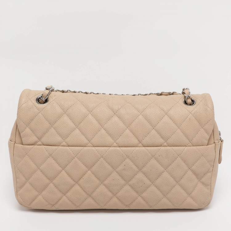 Pre Owned Chanel Beige Quilted Caviar Leather Large Easy Flap Bag