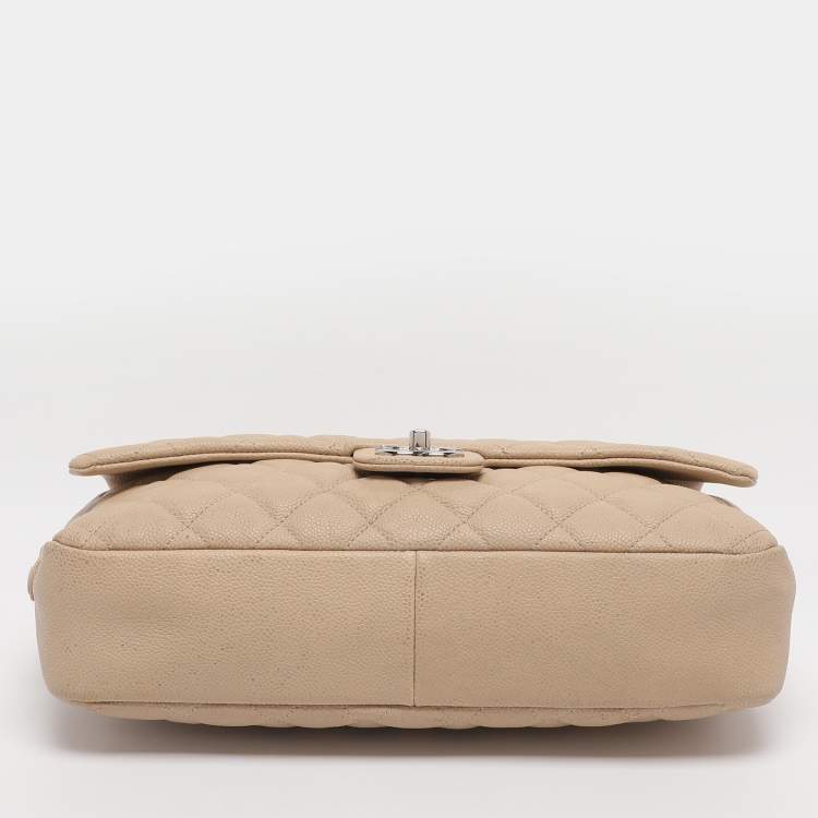 Pre Owned Chanel Beige Quilted Caviar Leather Large Easy Flap Bag