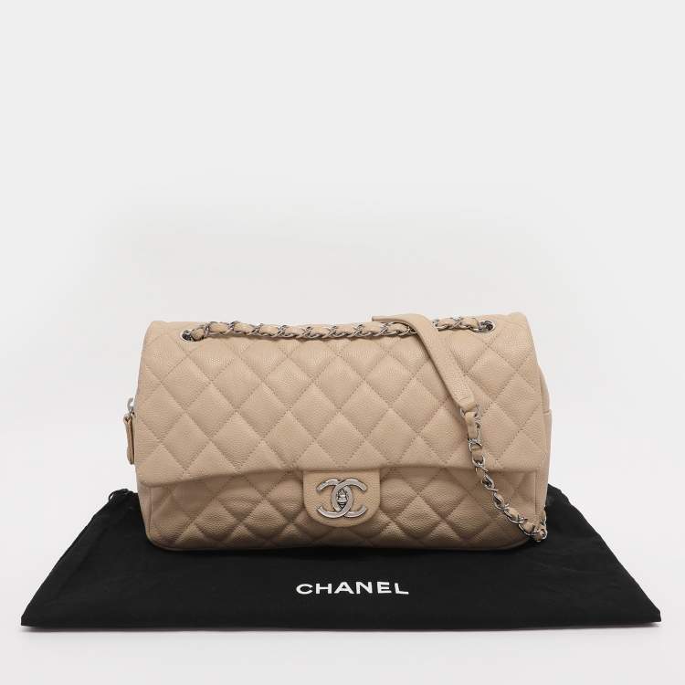 Pre Owned Chanel Beige Quilted Caviar Leather Large Easy Flap Bag
