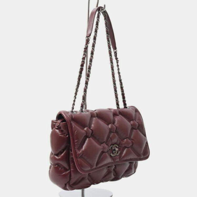 Pre Owned Chanel Bordeaux Bubble Quilted Matelasse Lambskin Shoulder Bag