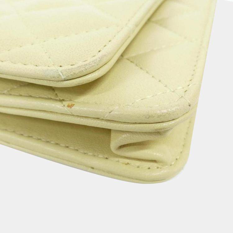 Pre Owned Chanel Timeless Classic Line Yellow Lambskin Leather Chain Wallet