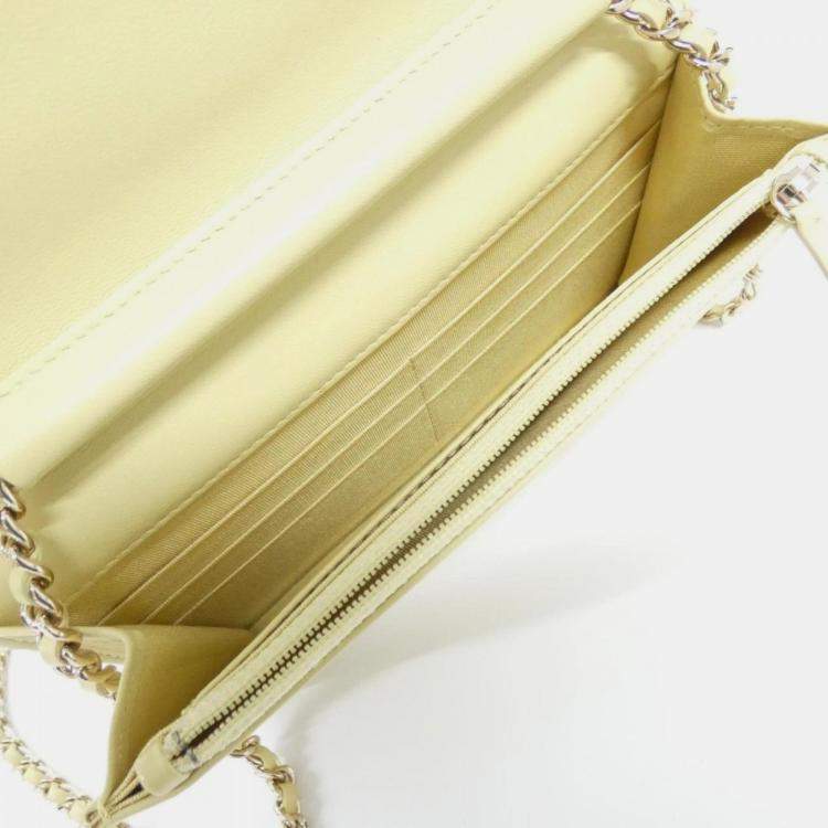 Pre Owned Chanel Timeless Classic Line Yellow Lambskin Leather Chain Wallet