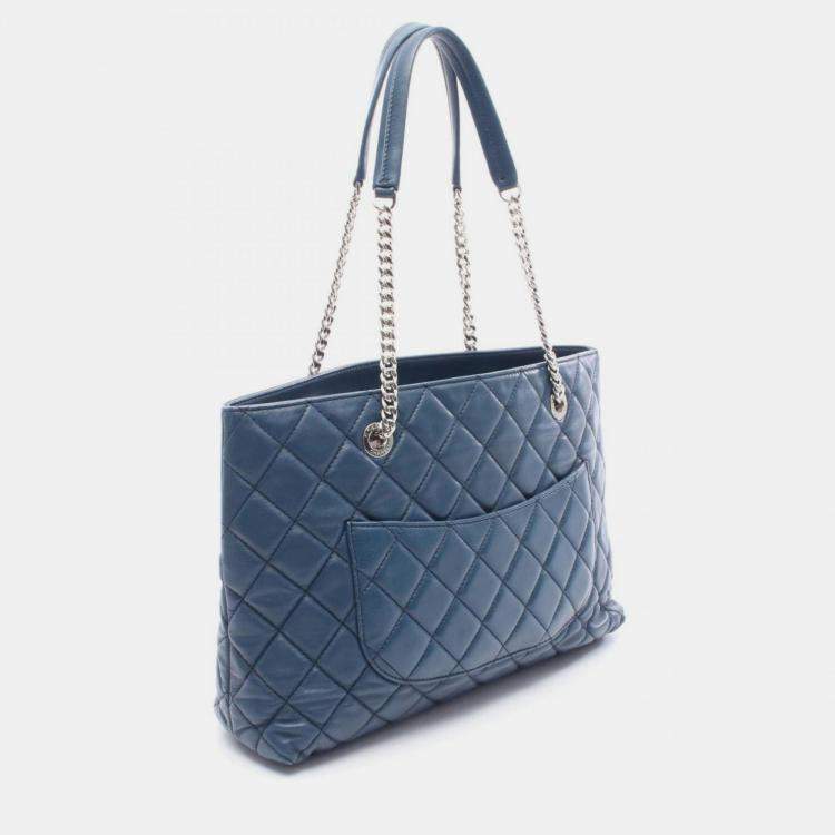 Pre Owned Chanel Matelasse Tote Bag Lambskin Leather Blue