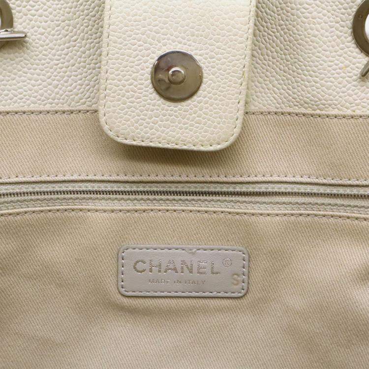 Pre Owned Chanel Deauville Medium Tote Mm Shoulder Bag With Chain Strap White Leather