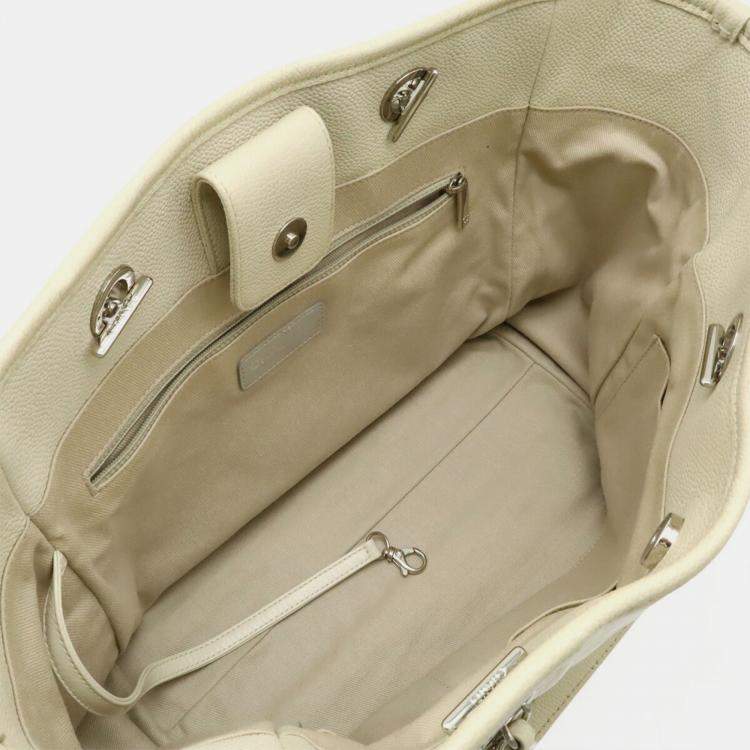 Pre Owned Chanel Deauville Medium Tote Mm Shoulder Bag With Chain Strap White Leather