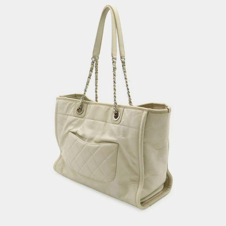 Pre Owned Chanel Deauville Medium Tote Mm Shoulder Bag With Chain Strap White Leather