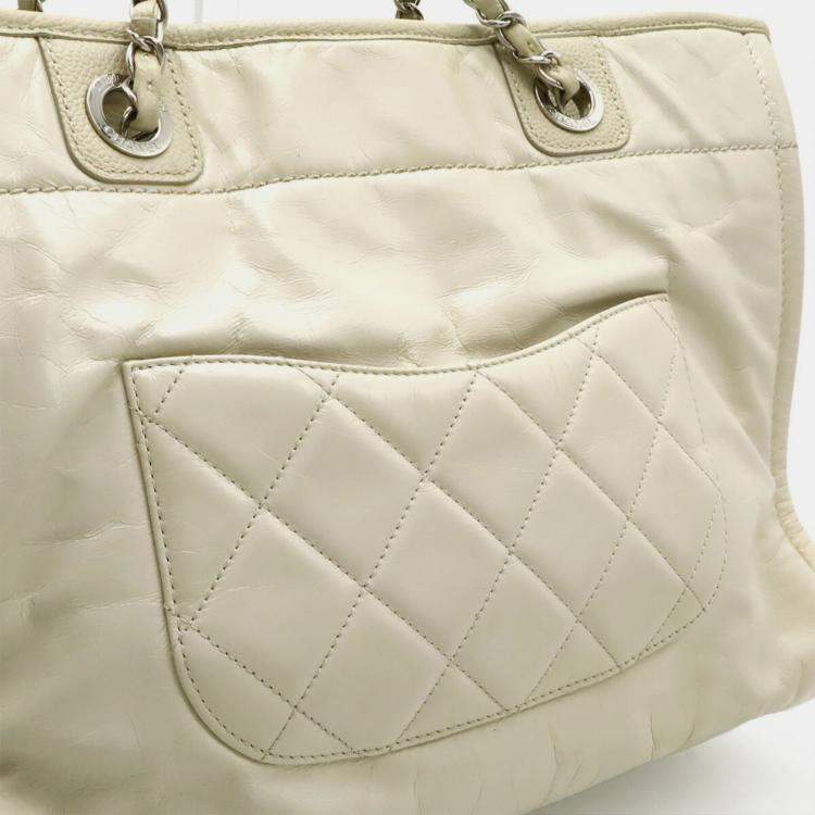 Pre Owned Chanel Deauville Medium Tote Mm Shoulder Bag With Chain Strap White Leather