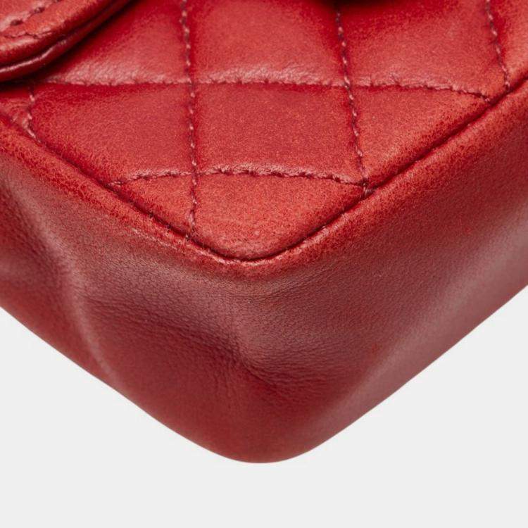 Pre Owned Chanel Coco Mark Mini Matelasse Chain Shoulder Bag Red Lambskin