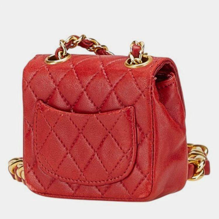 Pre Owned Chanel Coco Mark Mini Matelasse Chain Shoulder Bag Red Lambskin
