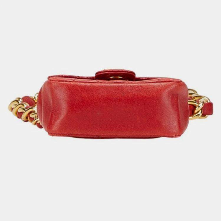Pre Owned Chanel Coco Mark Mini Matelasse Chain Shoulder Bag Red Lambskin