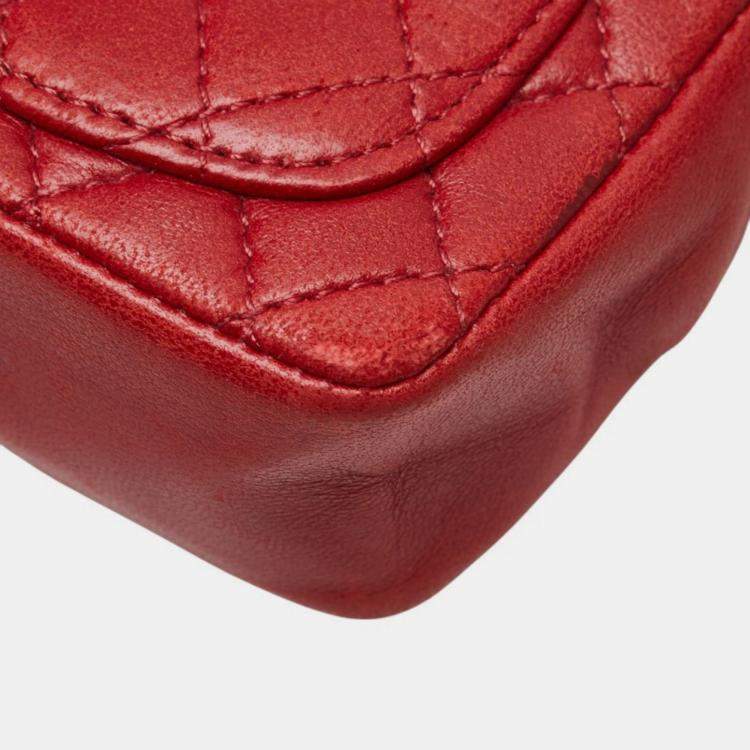 Pre Owned Chanel Coco Mark Mini Matelasse Chain Shoulder Bag Red Lambskin