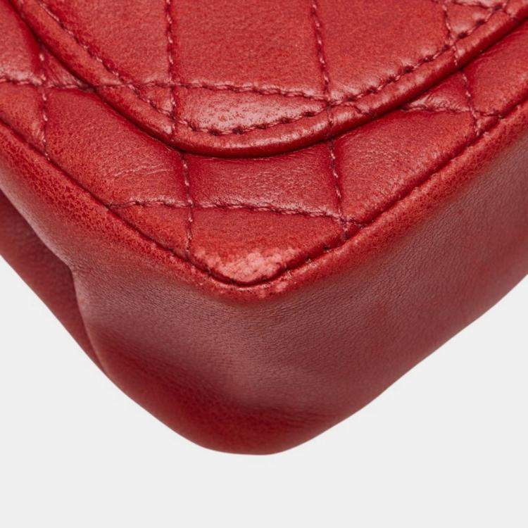 Pre Owned Chanel Coco Mark Mini Matelasse Chain Shoulder Bag Red Lambskin