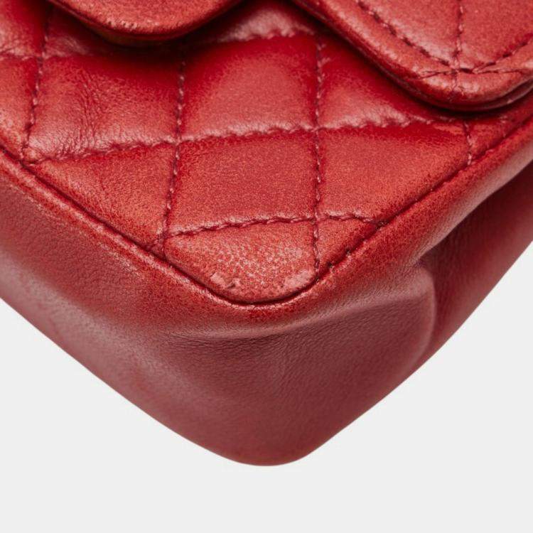 Pre Owned Chanel Coco Mark Mini Matelasse Chain Shoulder Bag Red Lambskin