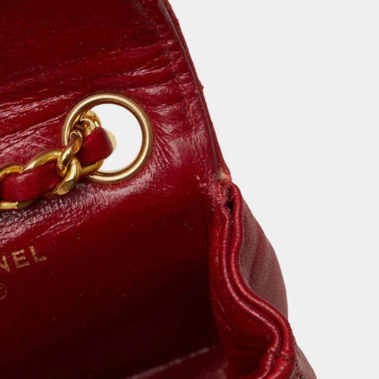 Pre Owned Chanel Coco Mark Mini Matelasse Chain Shoulder Bag Red Lambskin
