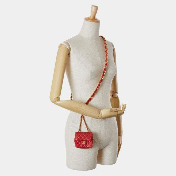 Pre Owned Chanel Coco Mark Mini Matelasse Chain Shoulder Bag Red Lambskin
