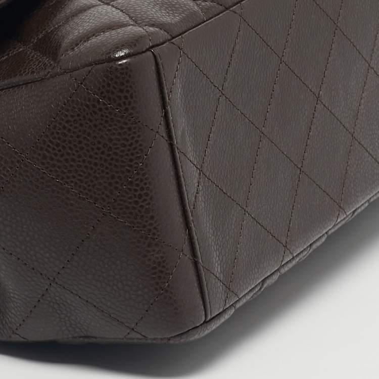 Pre Owned Chanel Dark Brown Quilted Caviar Leather Maxi Classic Single Flap Bag