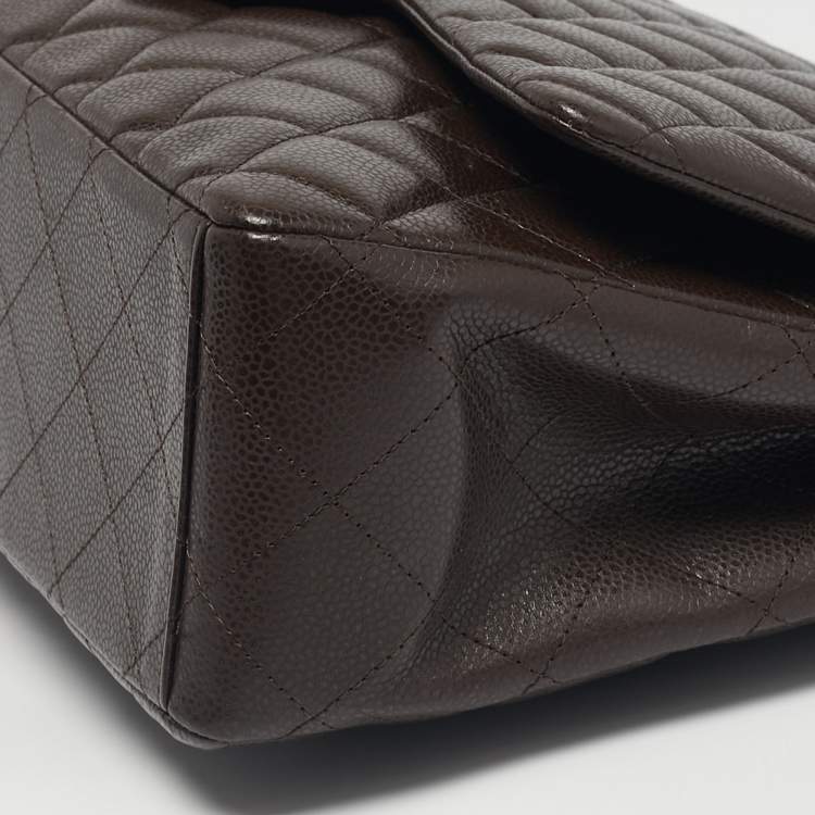 Pre Owned Chanel Dark Brown Quilted Caviar Leather Maxi Classic Single Flap Bag