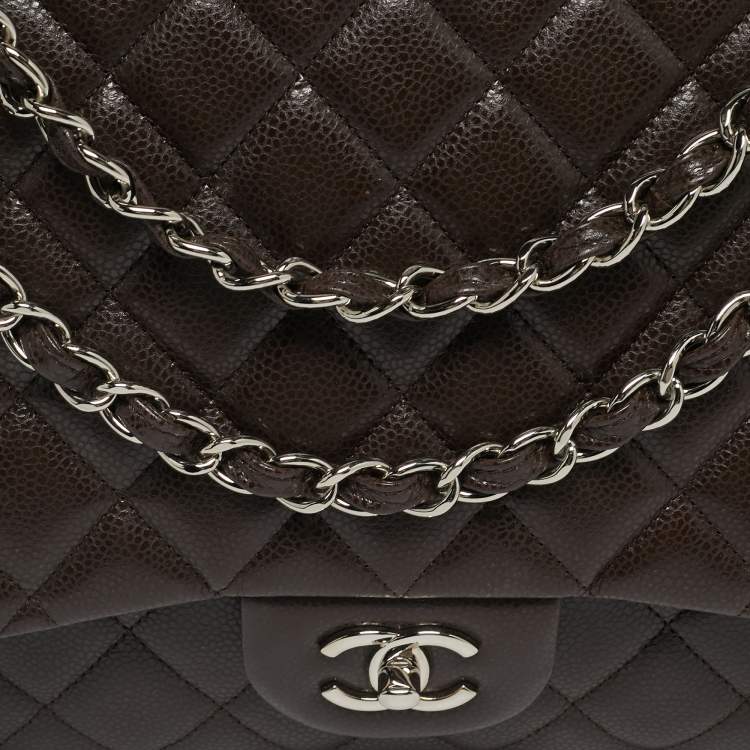Pre Owned Chanel Dark Brown Quilted Caviar Leather Maxi Classic Single Flap Bag