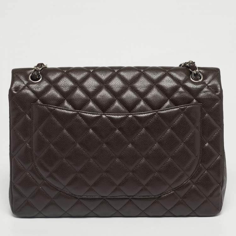 Pre Owned Chanel Dark Brown Quilted Caviar Leather Maxi Classic Single Flap Bag