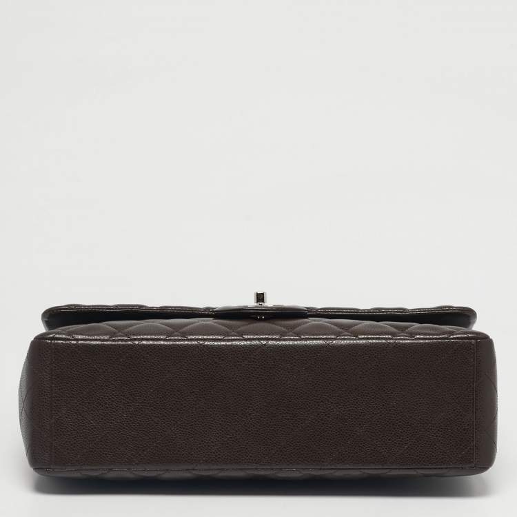 Pre Owned Chanel Dark Brown Quilted Caviar Leather Maxi Classic Single Flap Bag