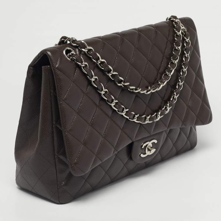 Pre Owned Chanel Dark Brown Quilted Caviar Leather Maxi Classic Single Flap Bag
