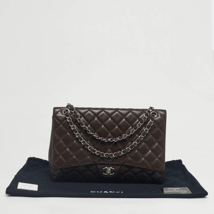 Pre Owned Chanel Dark Brown Quilted Caviar Leather Maxi Classic Single Flap Bag