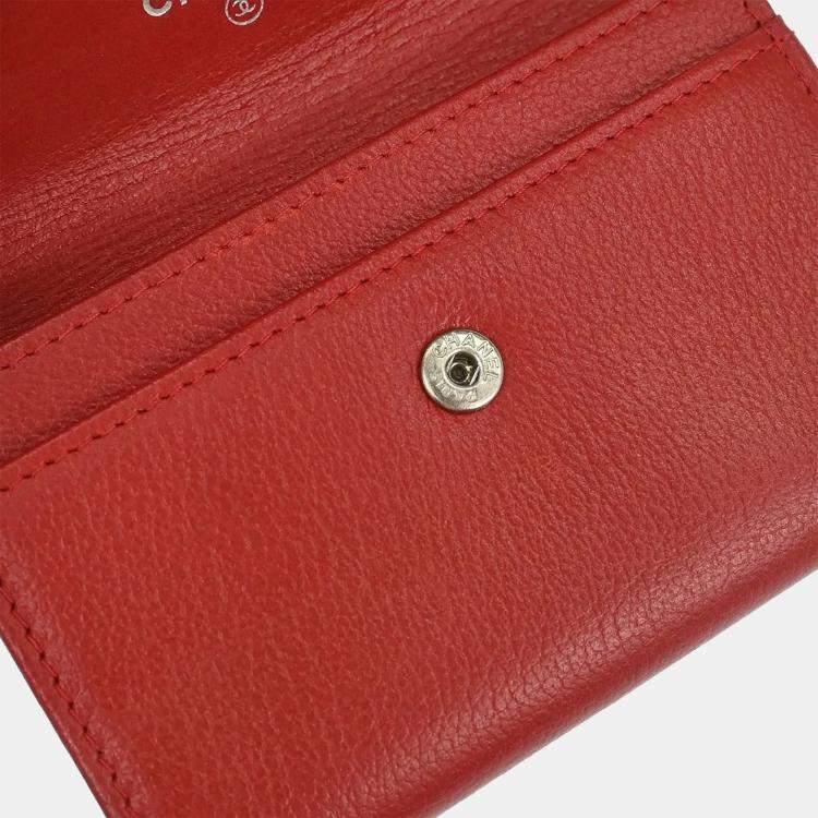 Pre Owned Chanel Red Calfskin Camellia Coin Purse Wallet