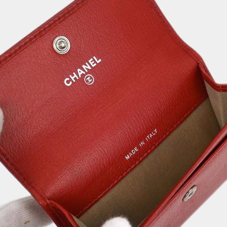 Pre Owned Chanel Red Calfskin Camellia Coin Purse Wallet