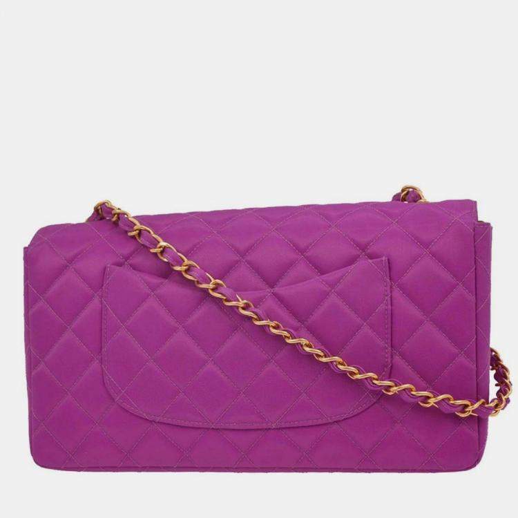 Pre Owned Chanel Purple Nylon Medium Single Flap Shoulder Bag