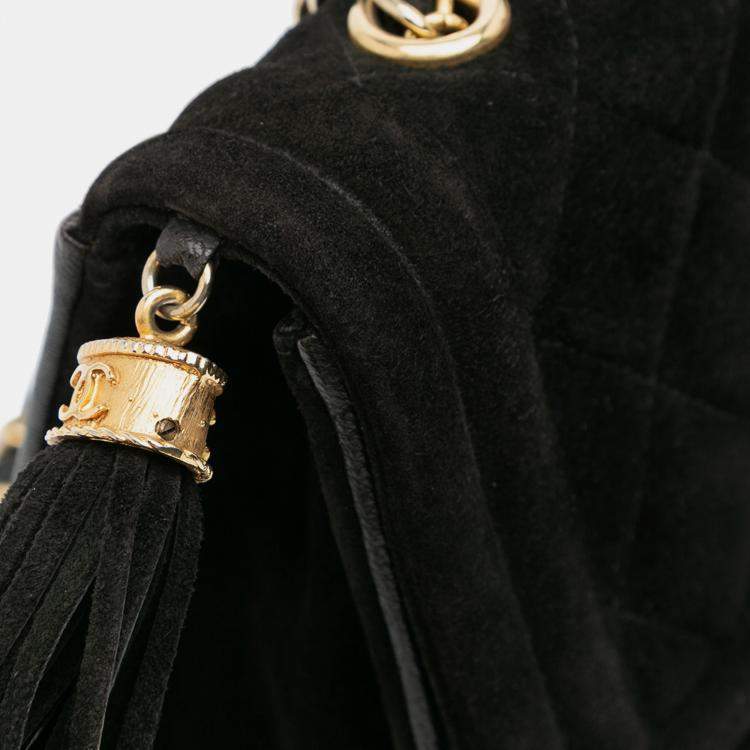 Pre Owned Chanel Black Quilted Suede Tassel Flap
