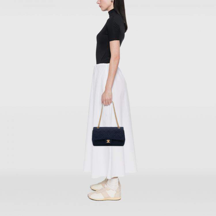 Pre Owned Chanel Blue Medium Classic Jersey Double Flap