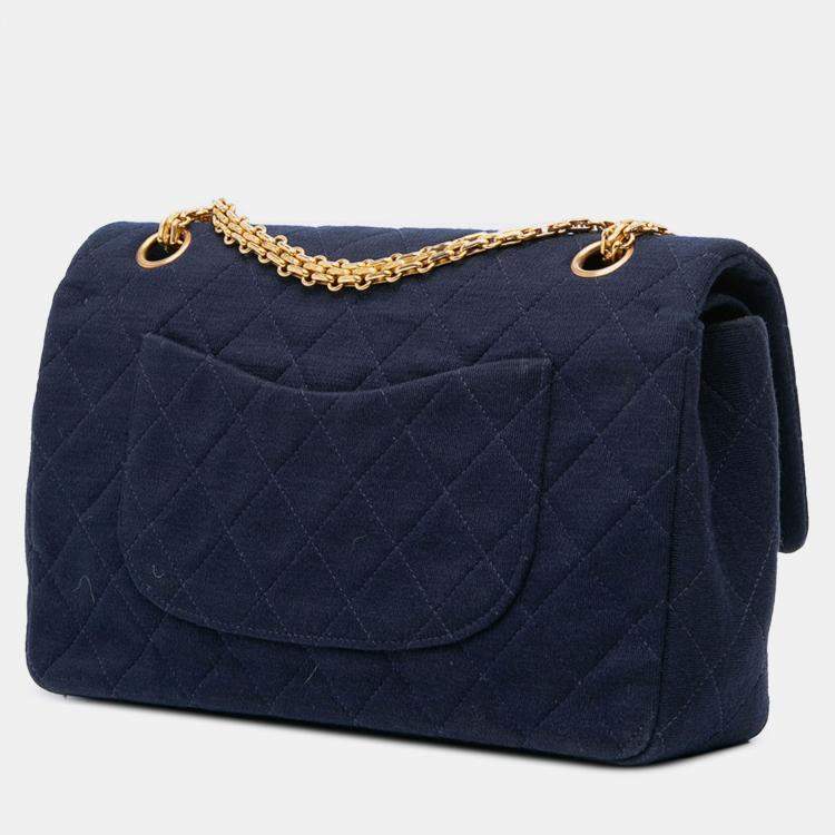 Pre Owned Chanel Blue Medium Classic Jersey Double Flap