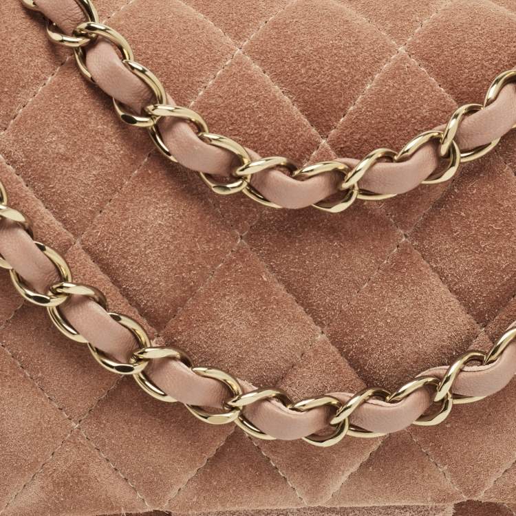 Pre Owned Chanel Beige Quilted Suede Medium Classic Double Flap Bag