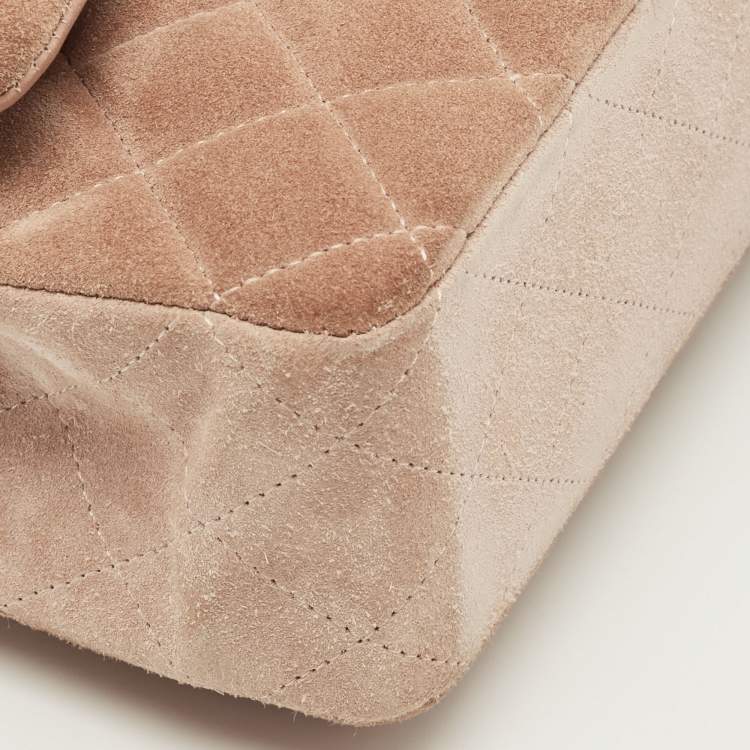 Pre Owned Chanel Beige Quilted Suede Medium Classic Double Flap Bag