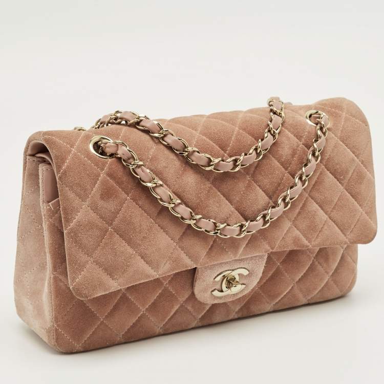 Pre Owned Chanel Beige Quilted Suede Medium Classic Double Flap Bag