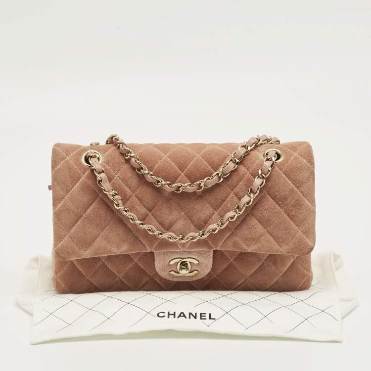 Pre Owned Chanel Beige Quilted Suede Medium Classic Double Flap Bag