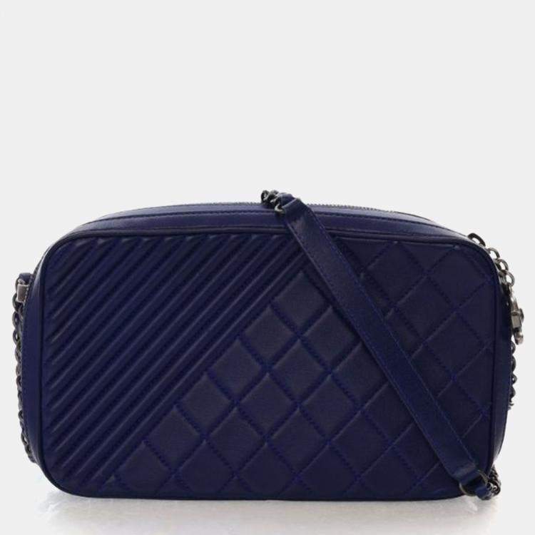 Pre Owned Chanel Navy Blue Lambskin Coco Boy Camera Bag