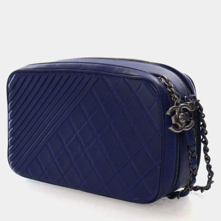 Pre Owned Chanel Navy Blue Lambskin Coco Boy Camera Bag