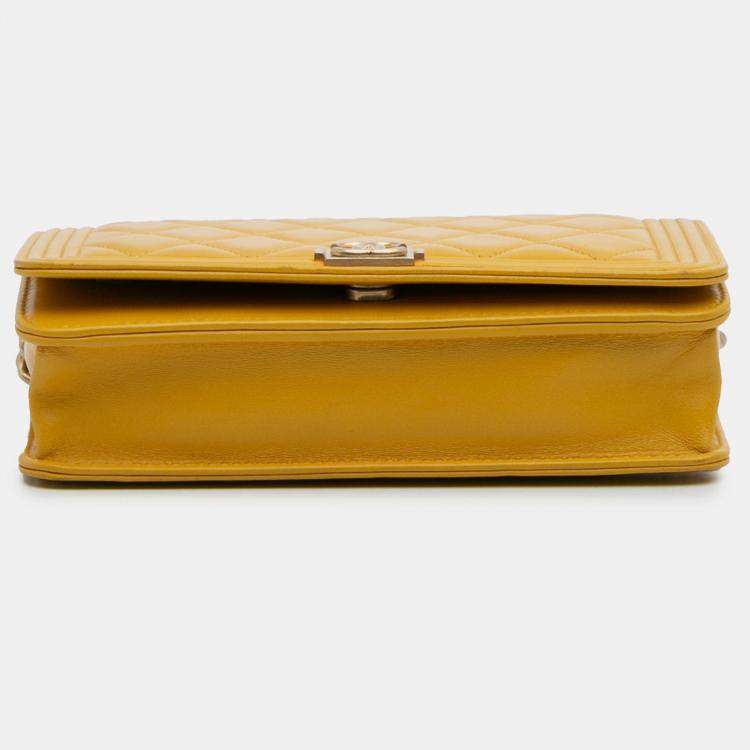 Pre Owned Chanel Yellow Quilted Lambskin Boy Wallet On Chain