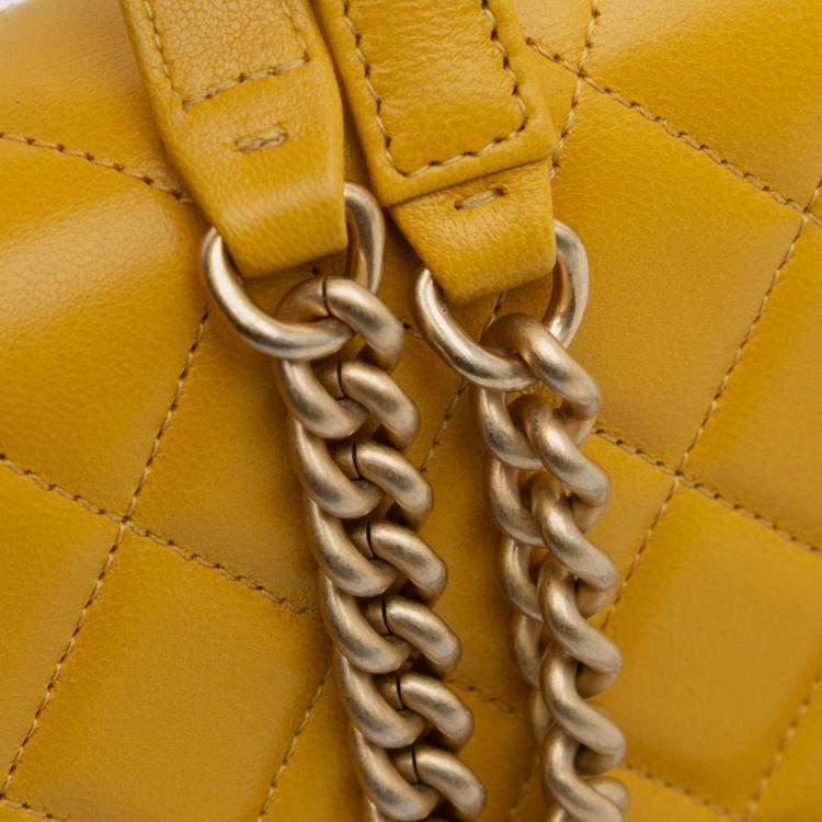 Pre Owned Chanel Yellow Quilted Lambskin Boy Wallet On Chain