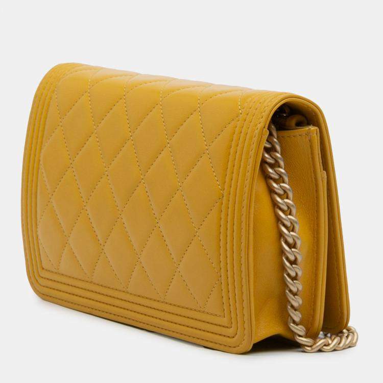 Pre Owned Chanel Yellow Quilted Lambskin Boy Wallet On Chain