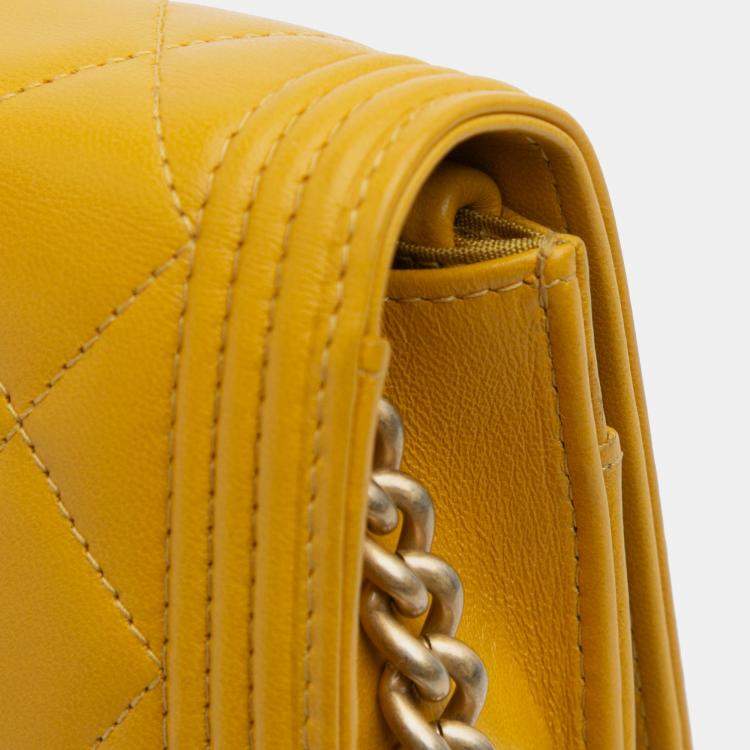 Pre Owned Chanel Yellow Quilted Lambskin Boy Wallet On Chain