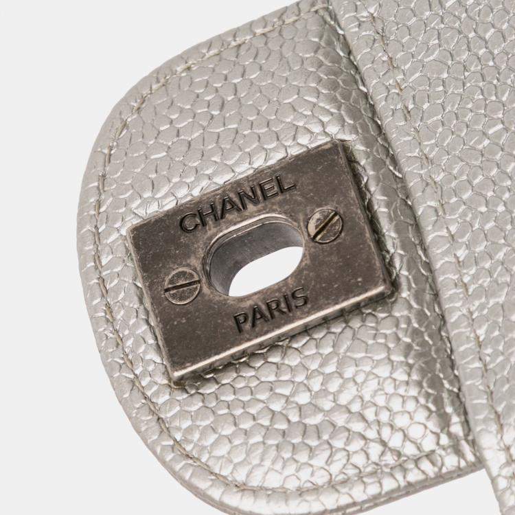 Pre Owned Chanel Silver Medium Classic Iridescent Caviar Double Flap